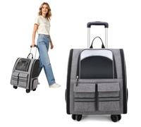 PETCUTE Rolling Dog Backpack Carrier with Wheels, Large Space Breathable Pet Travel Bag with Transparent Window,Foldable Cat Backpack with Front Storage Pockets for Small Cats Dogs,Grey