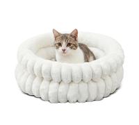 PETCUTE Round Cat Beds for Indoor Cats,Machine Washable, Calming Donut Kitten Bed with Non Slip Bottom and Reversible Cushion,Fluffy Pet Bed for Cats, Small Dogs, Medium Puppy,White,S