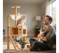 PETCUTE Wooden Cat Tree, 120cm,Luxury Cat Tower with Kitty Condo, Dual Perch, Full Sisal Posts and Ladder, Toy ball,Tall Kitten Activity Center for Climbing,Scratching, Sleeping