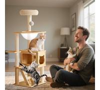 PETCUTE Wooden Cat Tree, 124cm,Luxury Cat Tower with Kitty Condo, Dual Perch, Full Sisal Posts and Ladder, Toy ball,Tall Kitten Activity Center for Climbing,Scratching, Sleeping