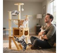 PETCUTE Wooden Cat Tree, 131cm,Luxury Cat Tower with Kitty Condo, Dual Perch, Full Sisal Posts and Ladder, Toy ball,Tall Kitten Activity Center for Climbing,Scratching, Sleeping