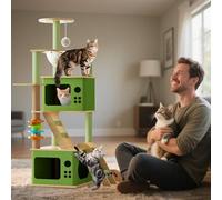 PETCUTE Wooden Cat Tree, 137cm,Luxury Cat Tower with Kitty Condo, Dual Perch, Full Sisal Posts and Ladder, Toy ball,Tall Kitten Activity Center for Climbing,Scratching, Sleeping