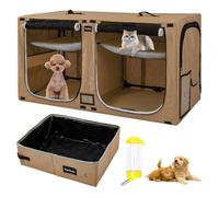 PETEASE Portable Double Pet Crate, Twin Compartment Cat Show House, Enclosure Playpen with Litter Box, Water Bottle Mat and Hammock