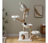 PETEPELA 59" Modern Cat Tree Tower for Large Cats with Hammock,Flower Perches,Natural Solid Wood Scratching Post with Real Branch,Luxury Boho Cat Furniture,Condo&Wicker Basket Bed, Cloud White