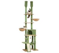 PETEPELA Cactus Cat Tree Floor to Ceiling Cat Tower with Large Condo Adjustable Height 216cm-285cm, 5 Tiers Cat Climbing Activity Center with Cozy Hammock, Platforms and Dangling Balls, Green