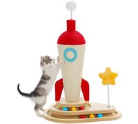 PETEPELA Cute Cat Scratching Post for Indoor Cats 24.8 Inches, Rocket Scratcher with Interactive Cat Toy, Blue & Red