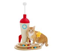 PETEPELA Cute Cat Scratching Post for Indoor Cats 24.8 Inches, Rocket Scratcher with Interactive Cat Toy, Blue & Red