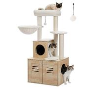 PETEPELA Wood Cat Tree Litter Box Enclosure, Indoor Cat Furniture with Large Platform and Condo, Modern Style Cat Tower, Hammock, 127cm Beige