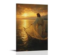 Peter Casting His Net after The Resurrection, The Sunrise Casting Gold on The Water Where Jesus Waits on The Shore. Contemporary Wall Mural - Decorative Hanging Poster Art 24x36inch(60x90cm)