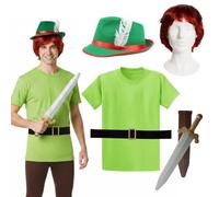 Peter Pan Costume Accessory Set - Hat with White Feather, Green T-Shirt, Auburn Wig, Prop Sword & Black Buckle Belt - Complete Fairy Tale Hero Dress Up Kit World Book Day Adults Fancy Dress Costume