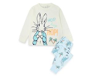 Peter Rabbit Boys Pyjama Set | Kids Blue Loungewear Long Sleeve T-Shirt & All Over Print Long Leg Pants Complete PJs | Hop Hop Hop Rabbit Sketch Art Pajama | Cute Nightwear Merchandise Gift