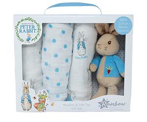 Peter Rabbit Gift Set - Unisex Beatrix Potter Soft Toy and Muslin Set