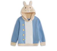 Peter Rabbit Kids Blue Hoodie | Rabbit-Shaped Hood with Embroidered Face | Gold Button Details & Colour-Block Design | Long Sleeve Pull-On Jumper Merch - 18-24 Months