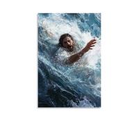Peter Sinking Into The Waves As Doubt Overtakes Him, And Jesus Reaches Down through The Storm with Unwavering Calm. Contemporary Wall Mural - Decorative Hanging Poster Art 24x36inch(60x90cm)
