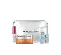 Peter Thomas Roth Deluxe Skincare Gift & Travel Set - 4-Piece with Full-Size Potent-C™ Eye Patches, Retinol Serum Mini, Hyaluronic Moisturiser & Glow Serum + Silver Cosmetic Bag