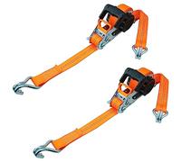 PETEX 2 x Automatic Ratchet Tie Down Strap, Self-Reeling, 1 Piece, 5 m x 35 mm, 1,000/2,000 daN, Orange, Double Pointed Hook