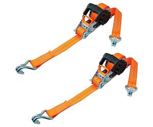 PETEX 2 x Automatic Ratchet Tie Down Strap, Self-Reeling, 1 Piece, 5 m x 35 mm, 1,000/2,000 daN, Orange, Double Pointed Hook