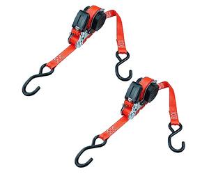 PETEX 2 x Automatic Ratchet Tie Down Strap, Self-Retracting, 1 Piece, 5 m x 25 mm, 350/700 daN, Red, S-Hook