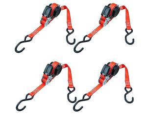 PETEX 4 x Automatic Ratchet Tie Down Strap Self-Reeling 1 Piece 5 m x 25 mm 350/700 daN Red S-Hook