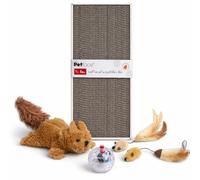 Petface Cat Birthday Bundle - Includes Freddie Fox Plush, Feather Tail Mice Teaser Plush Set Filled with Catnip, Light Up Disco Ball & Card Scratcher Box with Catnip