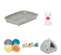 Petface Kitten Starter Bundle - Includes Single Litter Tray with Shallow Sides 37cm, Drawstring Cat Litter Tray Liners, Igloo Kitten Bed, Mouse Face Toy with Bell & Pom Poms with Catnip