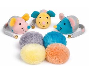 Petface Kitten Toy Bundle - Includes Little Mouse Face Kitten Toy with Bell (One supplied) & Pom Poms with Catnip, Suitable for Cats & Kittens
