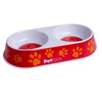 Petface Melamine Double Cat Food and Water Bowl, Dual Feeding & Watering Station, Orange & Red Paw Print Pattern