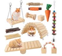 Pethee 12PCS Hamster Chew Toys Set,Small Animal Molar Wooden Toys,Boredom Breakers Cage Accessories, Dumbbell Bridge Swing Seesaw Apple Wood Ladder Bell for Rat Guinea Pig Chinchilla Gerbils Rabbit