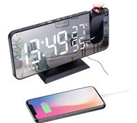 Petilleur Projection Alarm Clock Radio 180° Rotatable Ceiling Projector with USB Charging for Bedroom (Black)