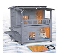 PETIMBER Heated Cat House for Outside - Wooden Insulated Cat House Outdoor Weatherproof, Clawsable Feral Cat Shelter with Heated Pad, 2 Escape Door, for Multiple Cats, 2-Storey, Grey