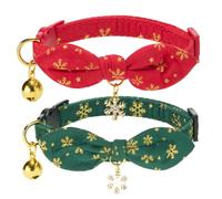 Petiry 2 Pack Christmas Cat Collar with Bell and Removeable Bunny Bowtie,with Bling Snowflake Charm and Printing Pattern, Safety Breakaway Clasp, Adjustable for Kitten and Cats Green and Red.