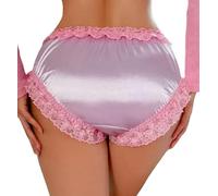 PetitDoll Women Lace Trim & Bow Decor Silky feel Panties Satin knickers sissy CD, SIZE LARGE, UK 12-14 Pink
