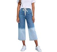 Petite 3/4 Jeans for Women UK Dip Dye Wide Leg Cropped Jeans Elastic Drawstring Waist Denim Culottes Ladies Casual Comfortable Summer Holiday Trousers Leisure Fashion Comfy Pants Trendy 2026 Size 10