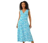 Roman Petite Abstract Print Wrap Midi Dress for Women UK - Ladies Everyday Holiday Spring Summer V-Neckline Comfy Soft Evening Vacation Work Party - Petite Turquoise - Size 18