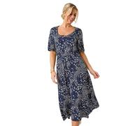 Roman Petite Abstract Midi Dress for Women UK - Ladies Everyday Autumn Winter Round Neckline Comfy Soft Evening Vacation Work Party Night Out - Petite Navy - Size 14