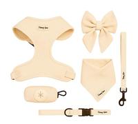 Petite Amoure Dog Harness Set - Matching Harness, Collar, Sailor Bow, Bandana, Leash & Poop Bag Holder - Complete Pet Accessory Kit (Medium, 16.5-24 Lbs, White)