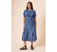 Womens Petite Animal Shirred Bodice Puff Sleeve Midi Dress Blue 10