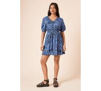 Womens Petite Animal Tie Front Frill Sleeve Mini Dress Blue 6