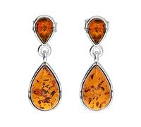 Petite Baltic Amber 925 Sterling Silver Earrings for Women - Fancy Teardrop Dangle Drop Stud Earrings - Green, Honey Cognac Orange
