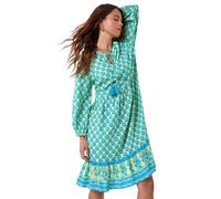 Roman Floral Border Print Smock Dress for Women UK - Ladies Spring Everyday Summer Holiday Round Neckline Comfy Short Sleeve Soft Knee Length Frock Vacation Gowns - Petite Turquoise - Size 14