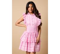 Petite Broderie Frill Detail Shirred Waist Mini Dress Oasis Soft Pink 14