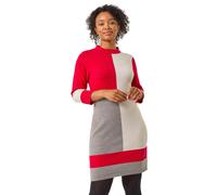 Roman Originals Knitted Jumper Dress for Women UK - Ladies Colour Block Winter Autumn Smart Casual Office Bodycon Workwear Everyday Long Sleeve Knee Length Knit Pocket - Petite Red - Size 18