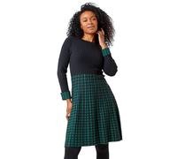 Roman Originals Petite Contrast Knitted Jumper Dress for Women UK - Ladies Everyday Holiday Autumn Winter Pull-On Round Neck Full Sleeves Comfy Evening Vacation Work Party - Forest - Size 14