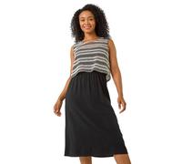Roman Petite Contrast Overlay Midi Dress for Women UK - Ladies Spring Everyday Summer Holiday Round Neckline Comfy Sleeveless Soft Fit & Flare Frock Day Out Gowns - Black - Size 12