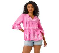 Roman Petite Contrast Print Pom Pom Top for Women UK - Ladies Everyday Holiday Spring Summer V-Neckline Comfy Soft Evening Vacation Work Party - Petite Pink - Size 18
