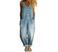 Petite Denim Dungarees for Women UK Loose Fit Straight Leg Roll Up Bib Overalls Summer Button Front Sleeveless Baggy Jeans Women Vintage Y2K Denim Dungarees Going Out Wear with Pockets