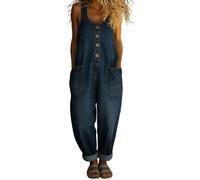Petite Denim Dungarees for Women UK Loose Fit Straight Leg Roll Up Bib Overalls Summer Button Front Sleeveless Baggy Jeans Women Vintage Y2K Denim Dungarees Going Out Wear with Pockets