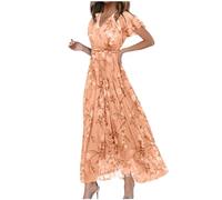 Petite Dresses for Women,Summer Dresses for Women UK 2025 Causal V-Neck Button Short Sleeve Vacation Floral Dress Boho Ladies Maxi Printing Dress Party Club Elegant Beach Dresses