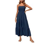 Petite Dresses for Women UK, Flowy Strappy Summer Dress Solid Colour, Beach Holiday Long Sundress, Boho Dress for Women UK Navy