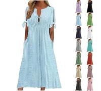 Petite Dresses for Women UK, Ladies Short Sleeve Tie Front V Neck Elegant Casual Dress with Pockets, Hollow Out Beach Dresses for Holiday, Beach Dress for Women UK